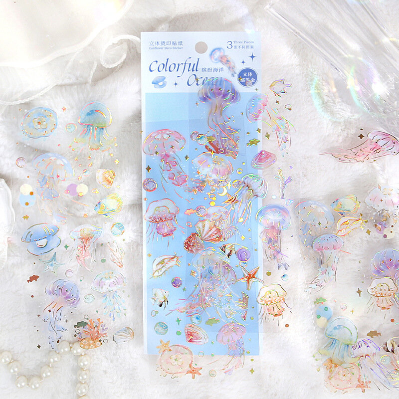 레이저 브론징 PET 핫 스탬핑 해파리, 귀여운 곰 개 꽃무늬 투명 장식 스티커, 팩당 3 매
