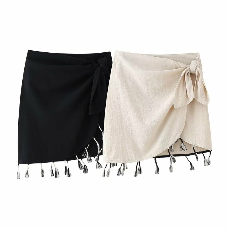 Women's new Chic Fashion tassel decoration slim fitting wrapping style mini skirt retro high waisted bow tie women's skirt Mujer