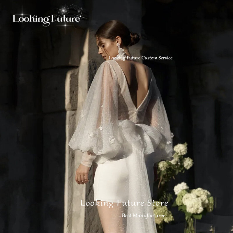 Modern Mini Tulle Wedding Dress 2024 Illusion Long Sleeves Appliques Sexy Deep V-Neck Bridal Dress Wedding Gowns Sweep Traini