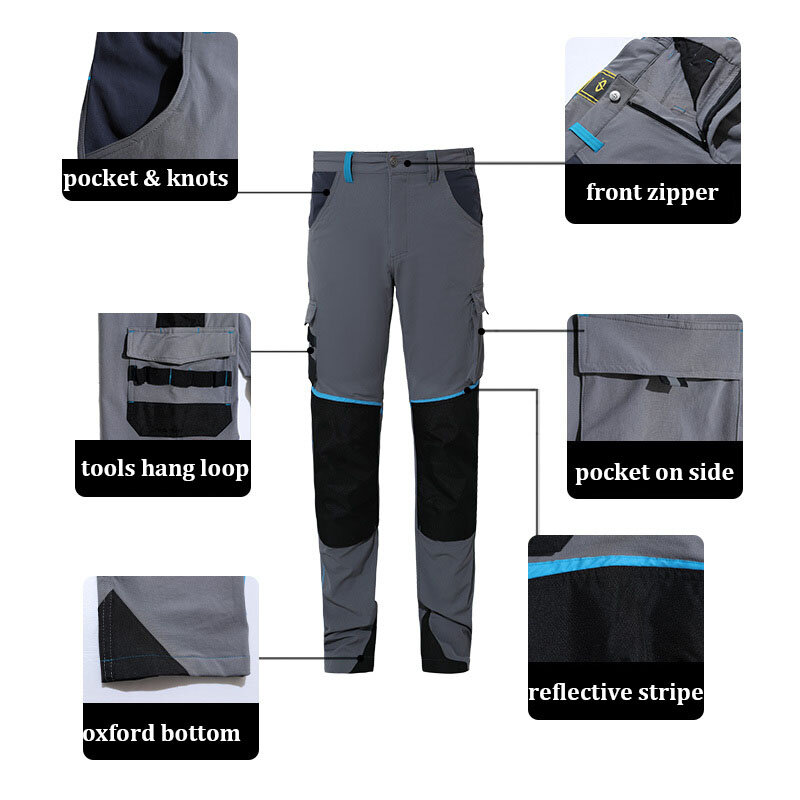 สูงยืดบุรุษคลาสสิกกางเกงสะท้อนแสงกางเกงทำงานสำหรับผู้ชายก่อสร้างป้องกันเข่ากางเกงทำงานกับรองเข่า