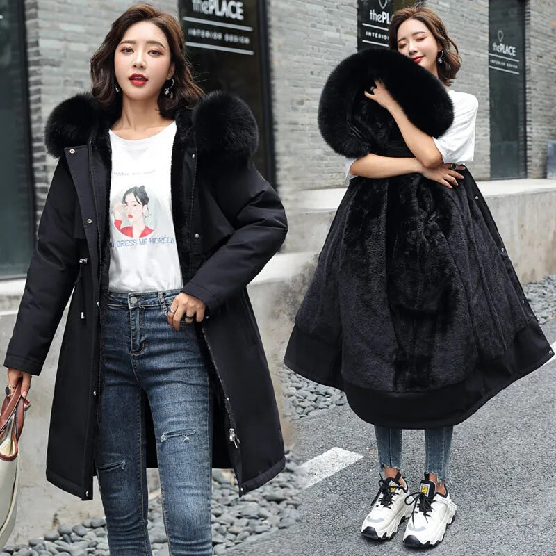 2023 Winter Hooded Fur Collar Oversized 6xl Long Coat Korean Fashion Wool Liner Warm Streetwear Jackets Casual Snow Wear Parkas