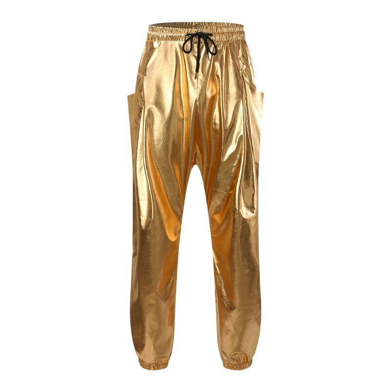 Brilhante prateado metálico moletom jogger para homens, olhar molhado, calças hip hop, calças de festa, streetwear festival e baile
