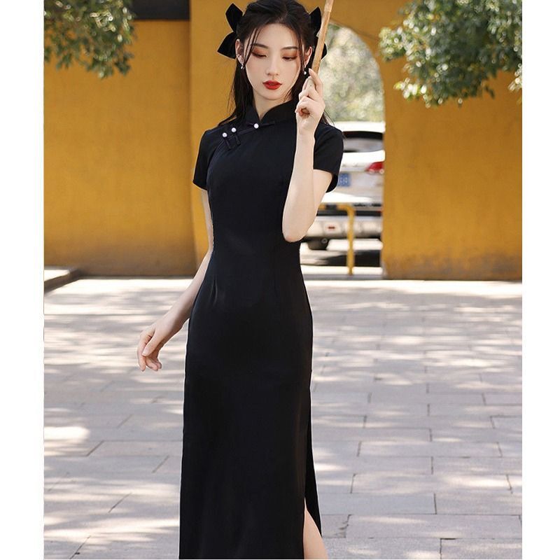 Jubah wanita, Modern, hitam, ramping panjang, Cheongsam tradisional Harajuku Hanfu, Vintage, Vestido Mujer, gaun Tiongkok Qipao