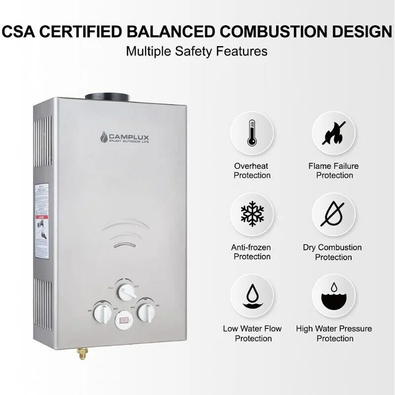 Tankless Water Heater, Camplux Outdoor Portable Propane Gas Tankless Water Heater for Camping Showers, 2.64 GPM, Gray