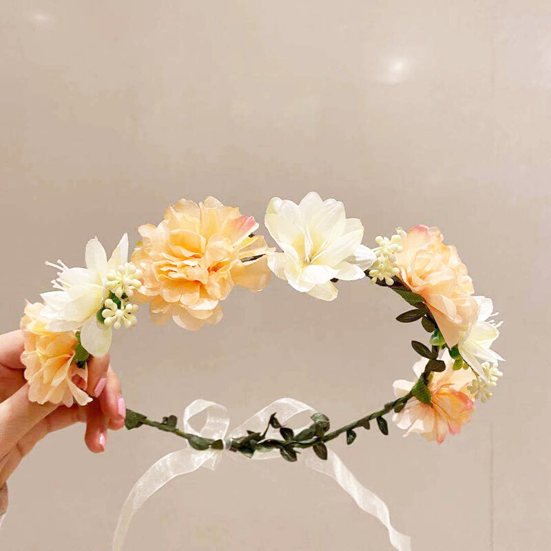 Artificial Flower Wreath Headband para Mulheres, Flower Ribbon, Guirlanda Head Wrap, Hairband, Wedding Party, Acessórios para Cabelo, Headwear