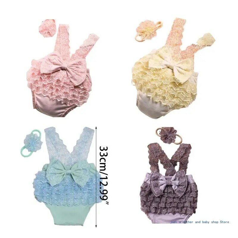 67JC Infant Photography Outfit Flower Headband Lace Jumpsuit Dress Photostudio Props Baby Photo Costume Newborns Shower Gift