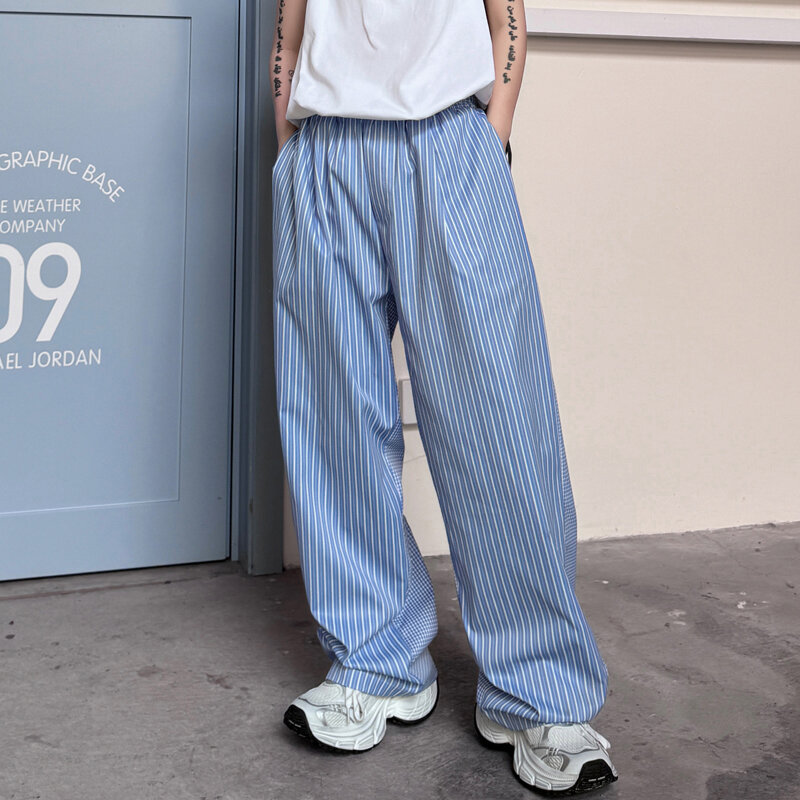 IEFB-Pantalones informales de retazos para hombre, pantalón con diseño de cintura elástica, rayas delanteras y traseras a cuadros, moda de verano, 2024, 28W3275