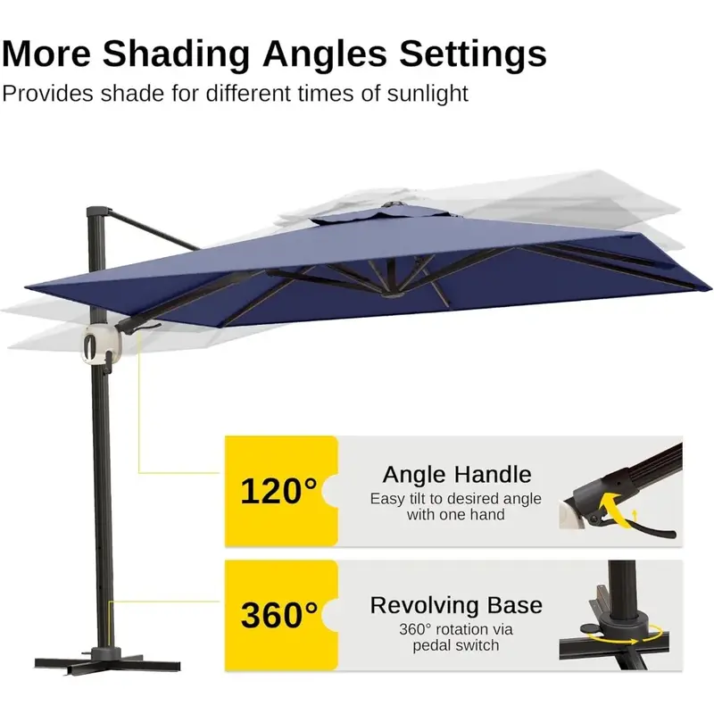 Payung teras, payung penopang Offset dengan rotasi 360 °, payung matahari tahan angin dan tahan UV, payung teras
