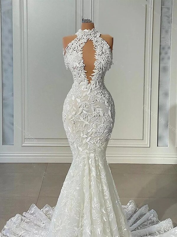 Luxury Halter Neck Mermaid Wedding Dresses Appliques Sleeveless Backless Floor Length Bridal Gown Elegent Robe De mariée