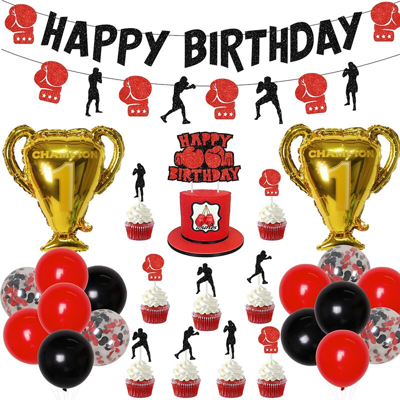 Sursurprise Boxing Match Birthday Party Decorations Balloons Set Sports Theme Party Supplies Boxing Birthday Banner Cake Topper