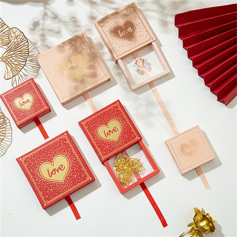 Caja de embalaje de joyería de San Valentín, cajón extraíble, anillo, pendientes, pulsera, organizador de collar, regalo de cartón