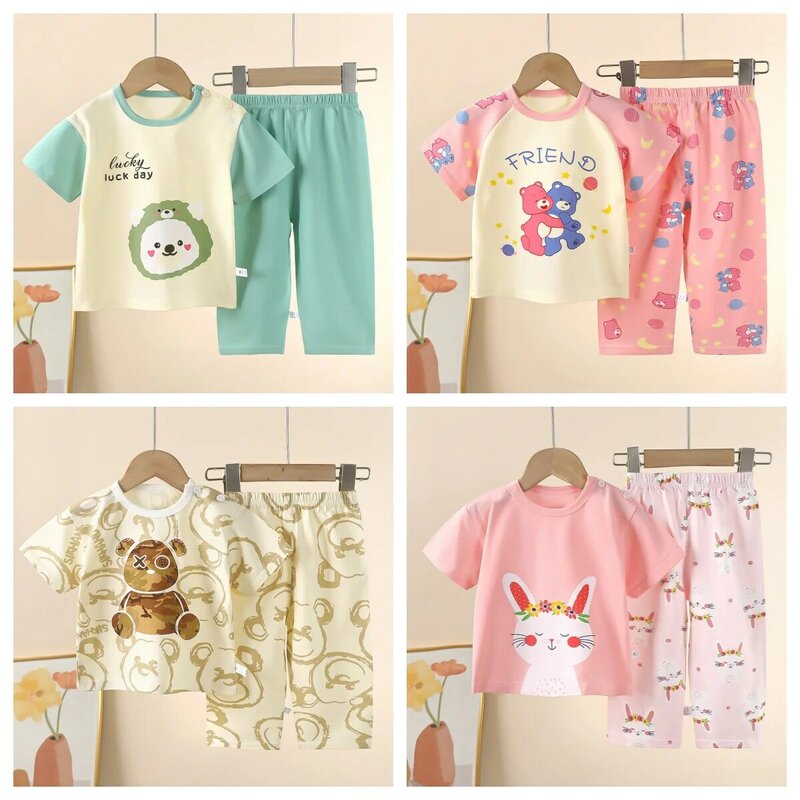 Pijamas finos de manga corta para niños, conjuntos de 2 piezas, ropa bonita para el hogar, trajes para bebés, niñas y niños pequeños, trajes de algodón