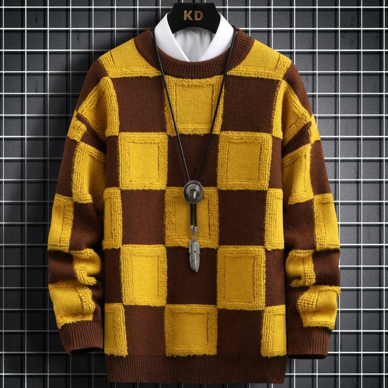 남성용 한국 스타일 풀오버 스웨터, 두꺼운 따뜻한 캐시미어 스웨터, 럭셔리 격자 무늬 풀 옴므, 고품질, 가을, 겨울, 신상