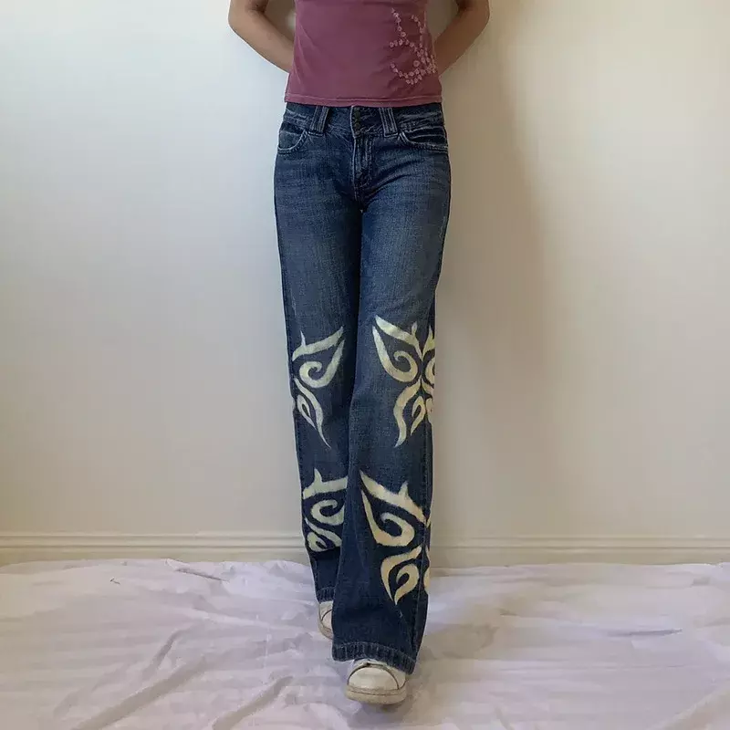 Jeans feminino estampado com borboleta, estilo antigo, perna larga, calças de perna reta, cintura baixa, outono, inverno, novo, 2022