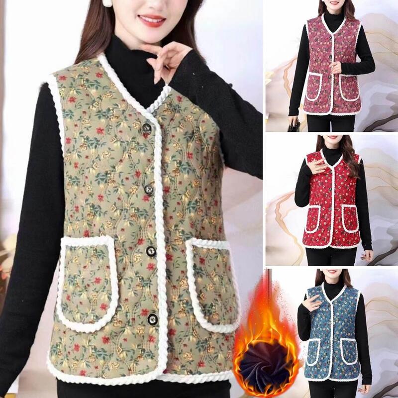 Fall Winter Women Vest Coat Floral Print Padded Plush Waistcoat Windproof Pockets Single-breasted Butttons V Neck Mother Vest