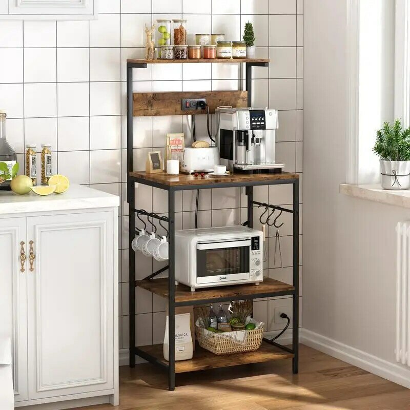 Kitchen Bakers Rack with Power Outlet, Coffee Bar Table 4 Tiers, Kitchen Microwave Stand with 6 S-shaped Hooks,
