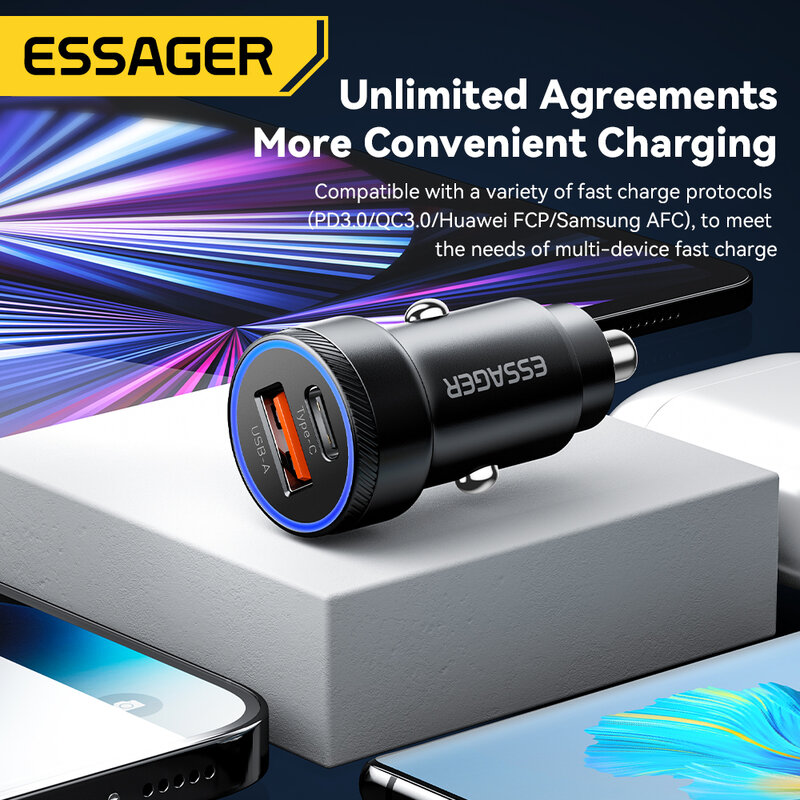 Essager 54 واط USB شاحن سيارة 5A سريع الشحن QC 3.0 PD 3.0 SCP AFC USB نوع C سيارة شاحن الهاتف آيفون هواوي سامسونج شاومي