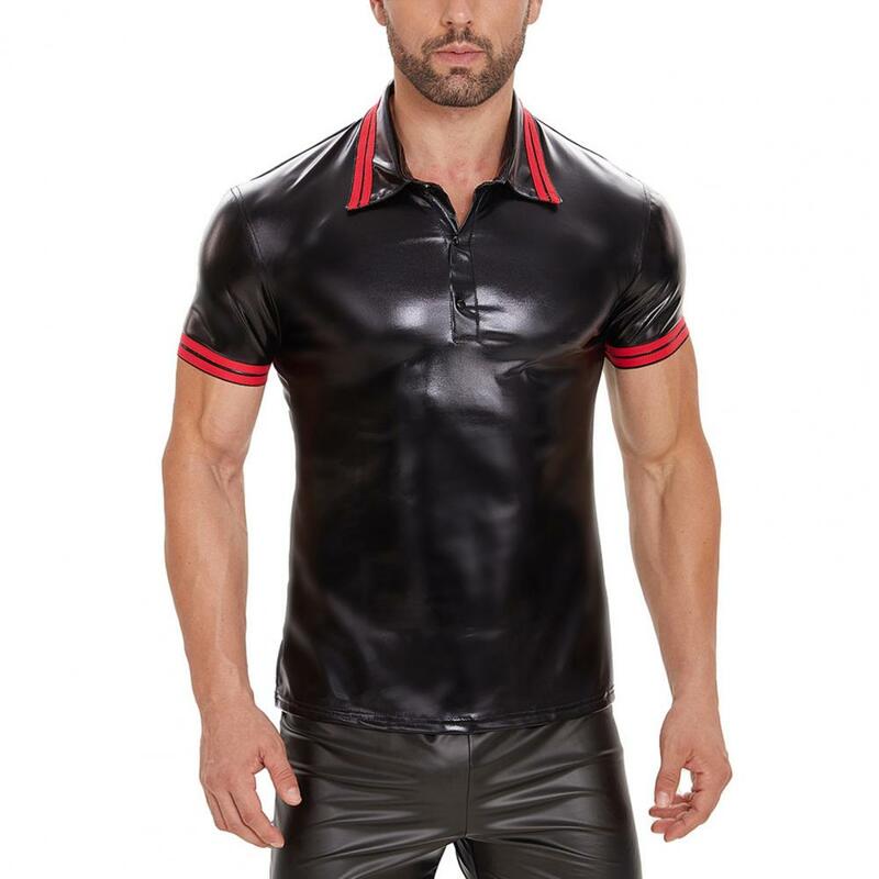 Легкие дышащие топы, Мужская Клубная рубашка из искусственной кожи с отложным воротником, облегающий летний топ для выступлений, мягкая