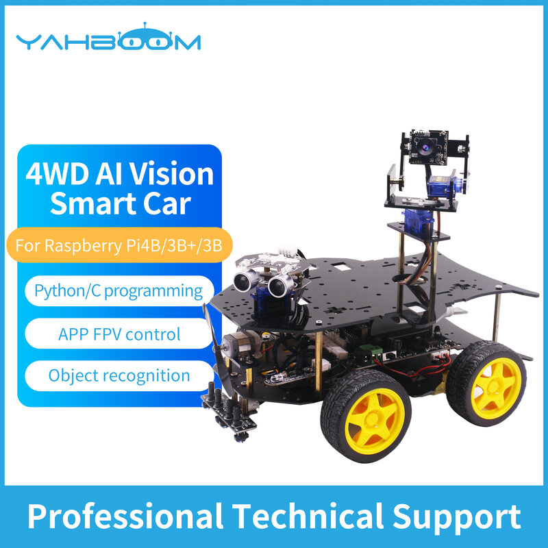 Yahboom-Kit de robótica programable para coche, dispositivo con cámara USB, módulo ultrasónico, programación Python para RPi 4, 4WD, Raspberry Pi