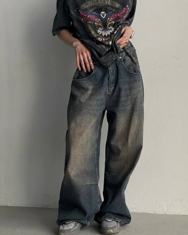 Y2K Streetwear Clothes New Fashion Washed Old Baggy Jeans Women Vintage Harajuku Casual Joker Gothic High Waist Wide Leg Pants