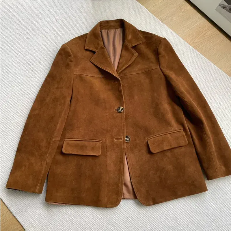 하이엔드 다크 브라운 여성용 스웨이드 코트, 리얼 가죽 아웃웨어, 단추 의상, 용수철 가을 여성 패션, 짧은 얇은 여성 재킷