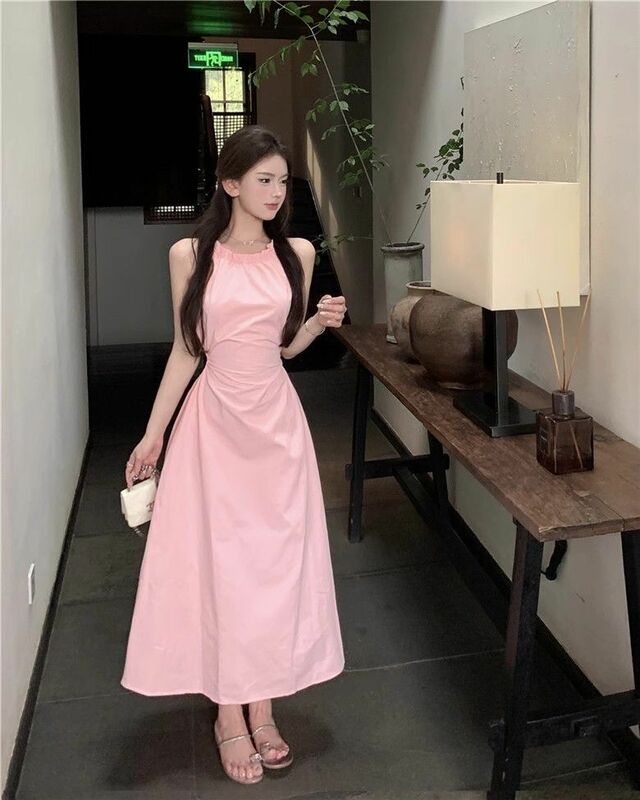 Нежно-розовое платье с подвесным воротником, Женская Летняя ажурная трапециевидная юбка на шнуровке, элегантная юбка средней длины с поясом