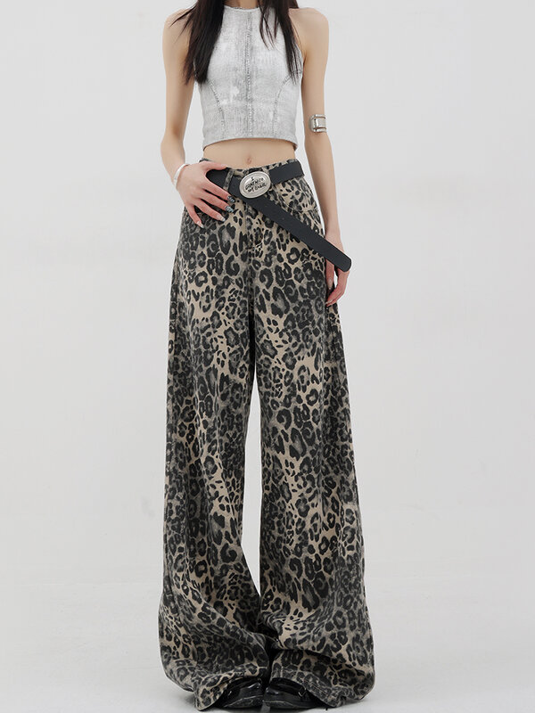 Jeans de cintura alta estampado leopardo feminino, calça vintage de pernas largas jeans casual, moda streetwear, verão, novo, Y2k