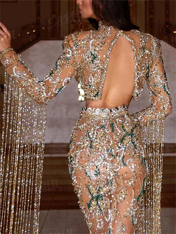 Vestido de noche con cuentas y cristales para mujer, Traje de dos piezas de lujo con joyas, manga larga, cuello alto, Forma de ocasión