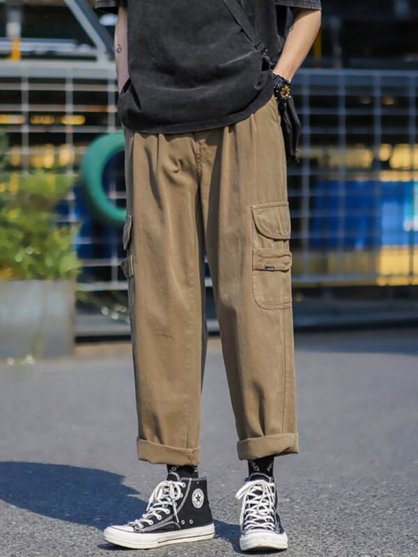 Брюки-карго мужские с карманами, повседневные красивые однотонные штаны в японском стиле, модная уличная одежда для отдыха, популярная модель, весна-осень