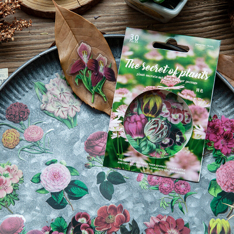30 Buah/Pak Tas Stiker Hewan Peliharaan Rahasia Tanaman Retro Bunga Bahan Buku Tangan Stiker Dekoratif