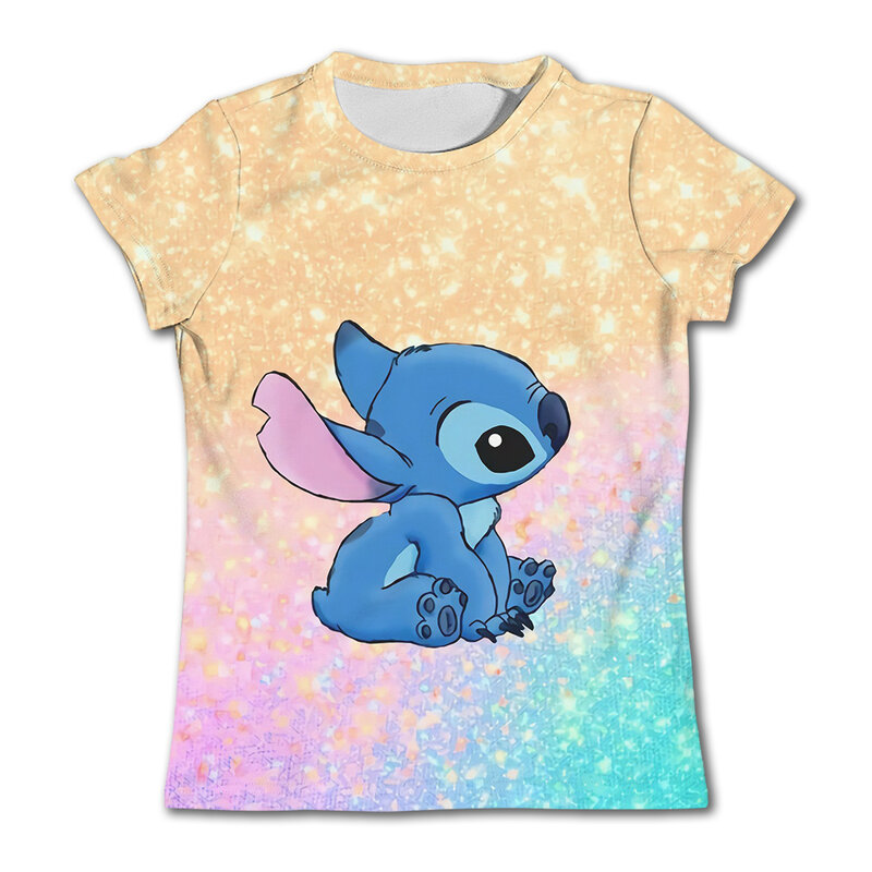 Camiseta con estampado de Stitch para niñas, ropa de manga corta de dibujos animados de Disney, informal, de secado rápido