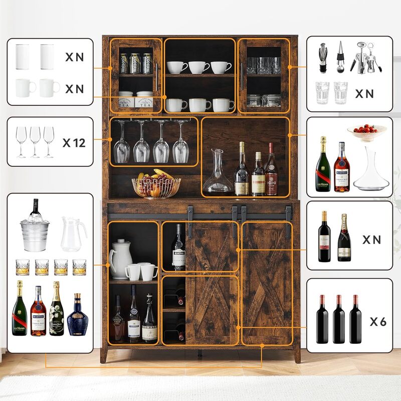 Барный шкаф с раздвижной дверью сарая, 70 дюймов деревенский буфетный шкаф для ликера с подставкой для вина и бокалов, цвет коричневый