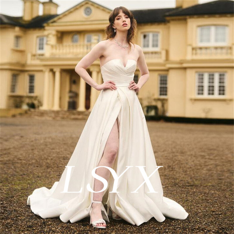 LSYX gaun pengantin elegan kerah V, gaun pengantin panjang lantai belakang ritsleting, celah samping tinggi bentuk A-Line sesuai untuk wanita
