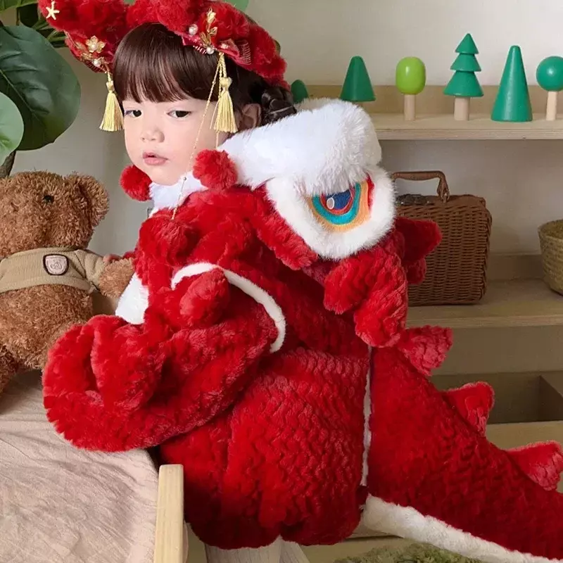 Ropa de bebé de dragón para niños, lindo vestido de Año Nuevo Chino rojo, mono de piel de invierno para bebé, pelele, Babysuit