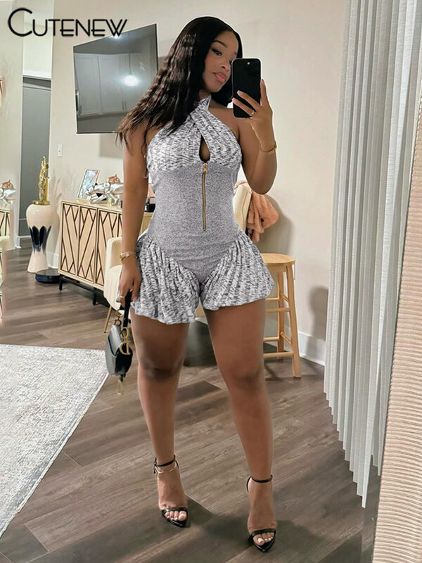 Cutenew Patchwork Halter Playsuits Women Casual Striped Sleeveless V-neck Zip-up Cleavage Slim Rompers Female Concise Summer Wea