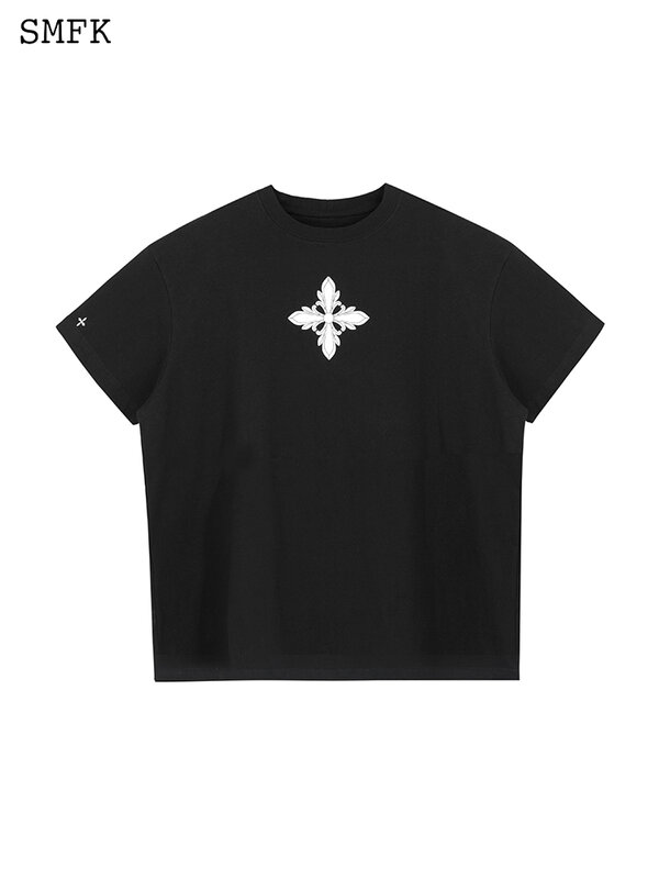 SMFK Grundlegende frauen Kurzarm Kreuz Blume Druck Schwarz T-shirt Sommer Beiläufige Lose Top Weibliche Kurzen Ärmeln Oansatz T-shirts