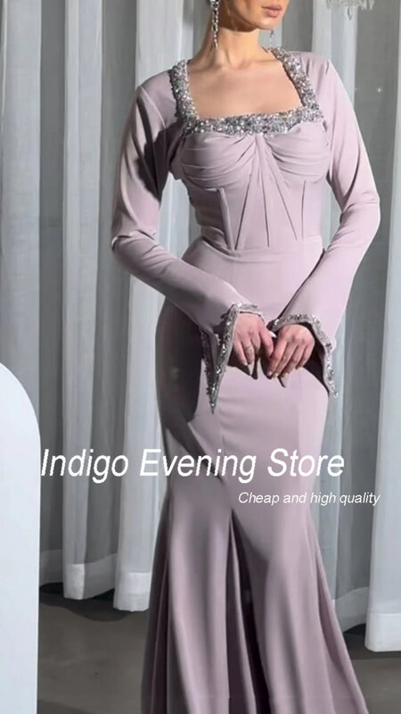 Indigo-Vestidos de Noche formales para mujer, ropa de noche con cuello cuadrado brillante, lentejuelas de sirena, hasta el suelo, 2024