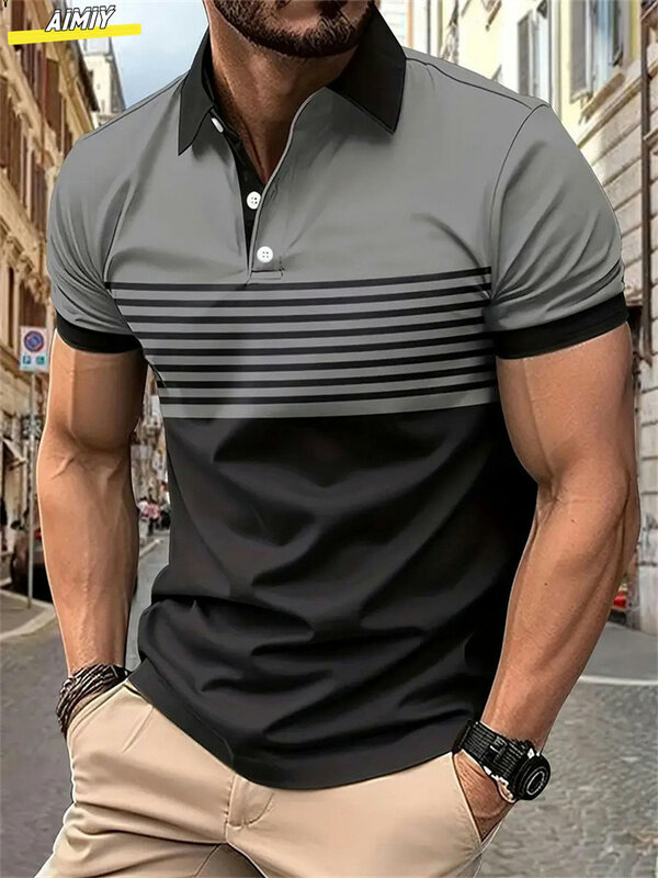Camisa polo masculina de manga curta, estampa listrada, poloshan, lapela casual, esportiva, moda verão, nova