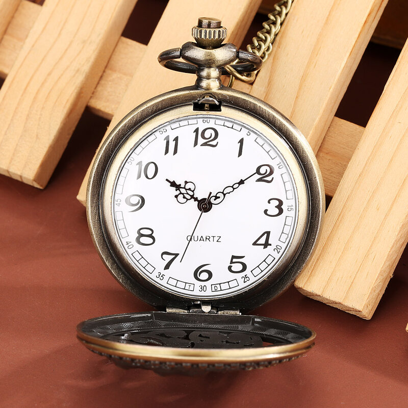 Retro ażurowy wzór sroki zegarek kieszonkowy brązowy naszyjnik kwarcowy zegar biała tarcza cyfra arabska wisiorek zegarek kieszonkowy z metką