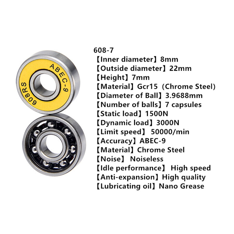 Rodamiento de bolas para monopatín, rodamiento de 8x22x7mm para patinete, sellado, ABEC-7 de acero/ABEC-9, piezas de hoja 608, práctico