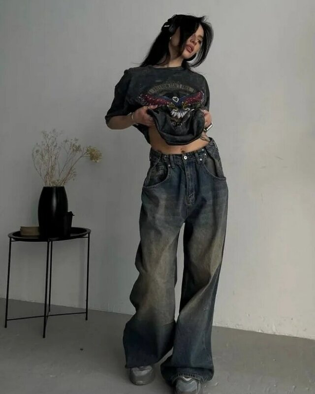 Y2K Streetwear Clothes New Fashion Washed Old Baggy Jeans Women Vintage Harajuku Casual Joker Gothic High Waist Wide Leg Pants