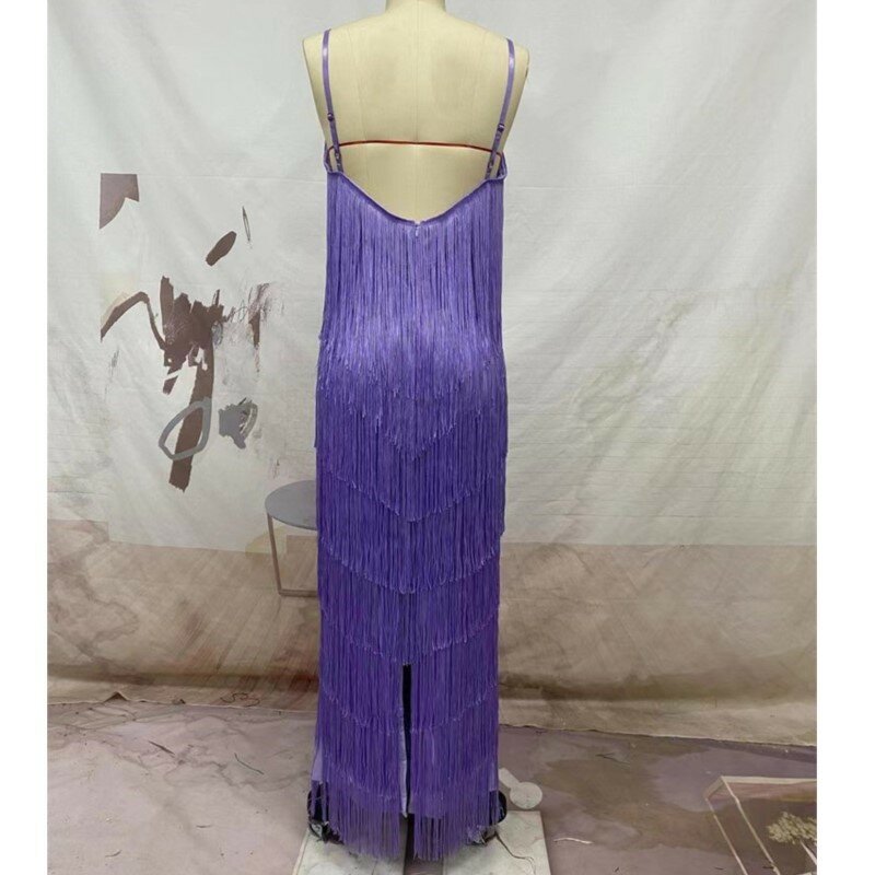 Женское платье с бахромой и открытой спиной, элегантное Многоярусное облегающее платье без рукавов на бретелях-спагетти для танцев, коктейлей, вечеринок, ночных клубов