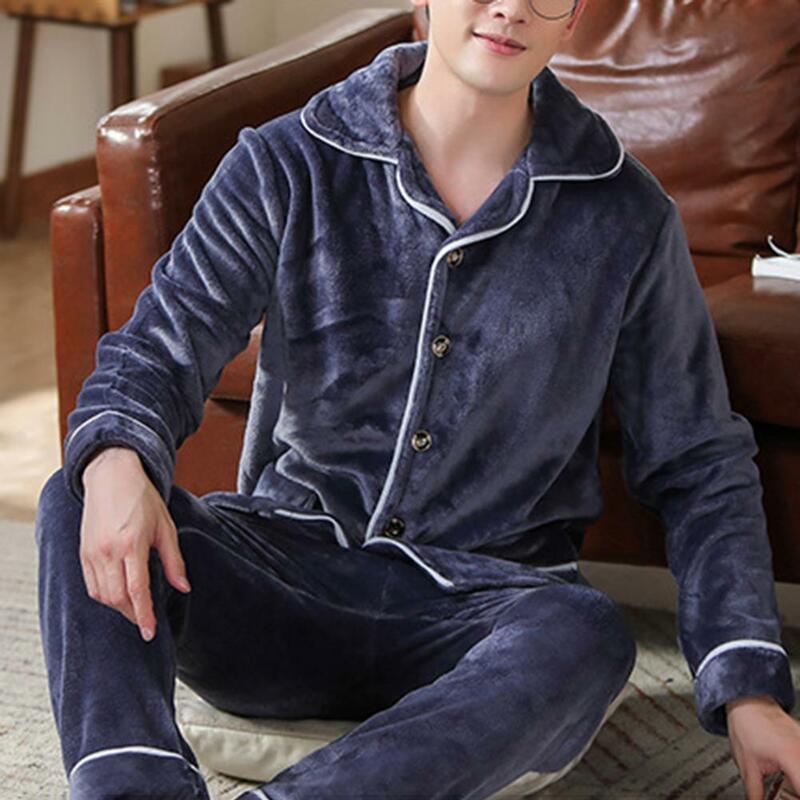 Однотонный мужской зимний пижамный комплект, теплый мягкий домашний комплект с отложным воротником, толстыми пуговицами, эластичным поясом и брюками для мужчин