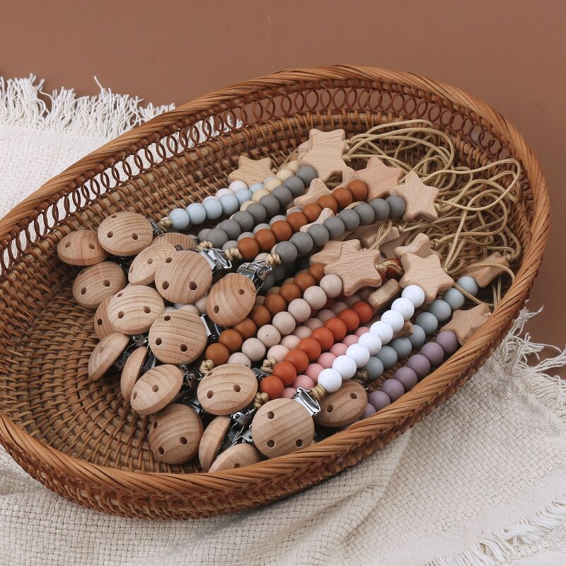 Wooden Nipple Clip Teething Beads Pacifier Holder Anti-Lost Soother Clips Baby Teether Toy Hanging Strap Nursing Accs
