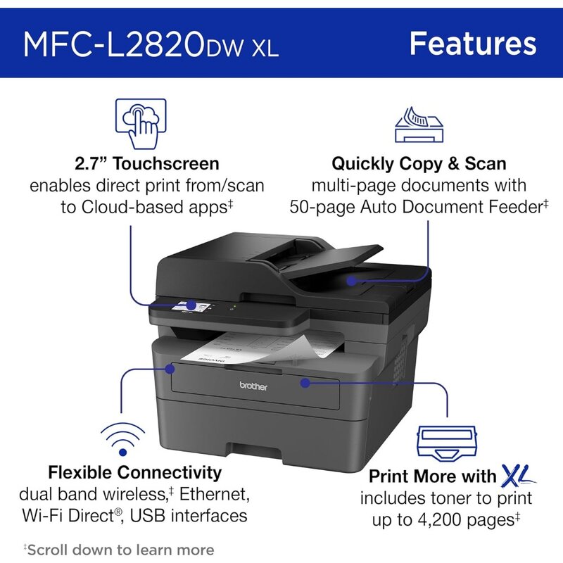 เครื่องพิมพ์เลเซอร์แบบออลอินวันระบบโมโนโครมไร้สายขนาดกระทัดรัดขนาด XL MFC-L2820DW พร้อมการทำสำเนาการสแกนและการแฟกซ์ดูเพล็กซ์สีดำและสีขาว