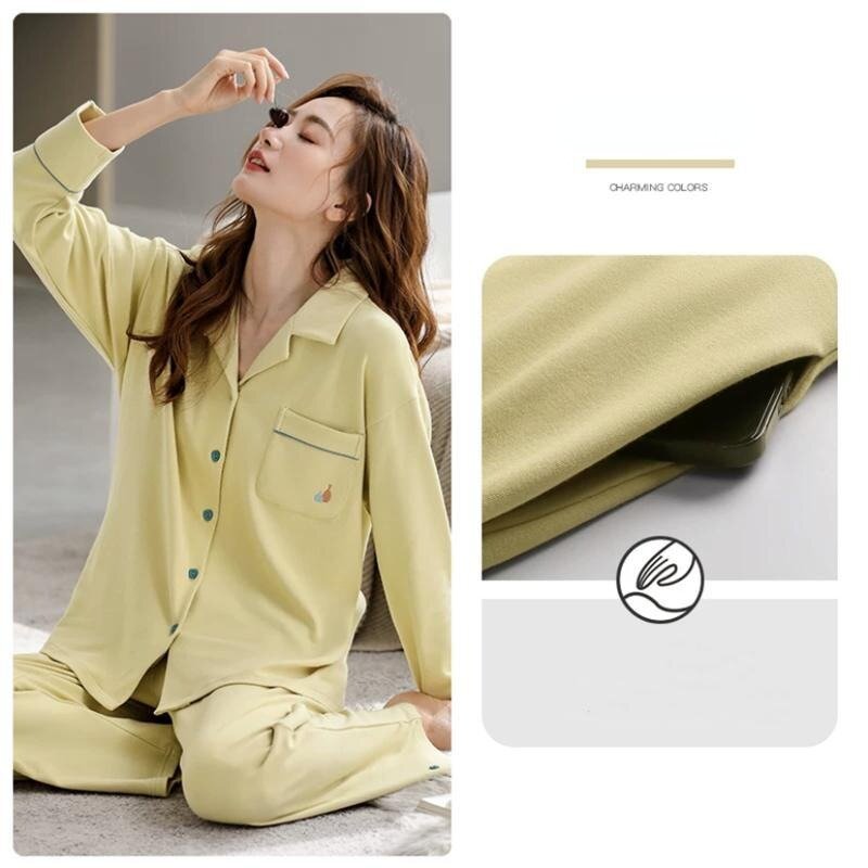 Setelan pakaian tidur katun wanita, baju tidur katun murni lengan panjang warna polos Musim Semi dan Gugur 100%