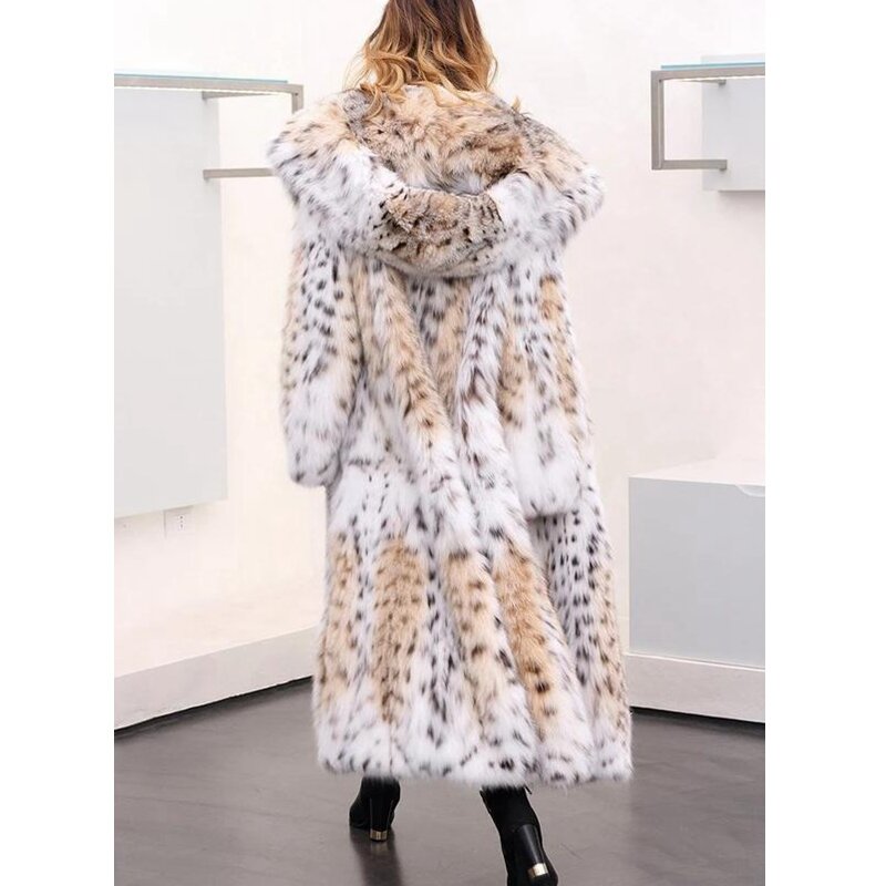 Mantel bulu imitasi panjang bertudung wanita, pakaian mantel bulu palsu pinggang lebar motif macan tutul lengan penuh hangat musim dingin