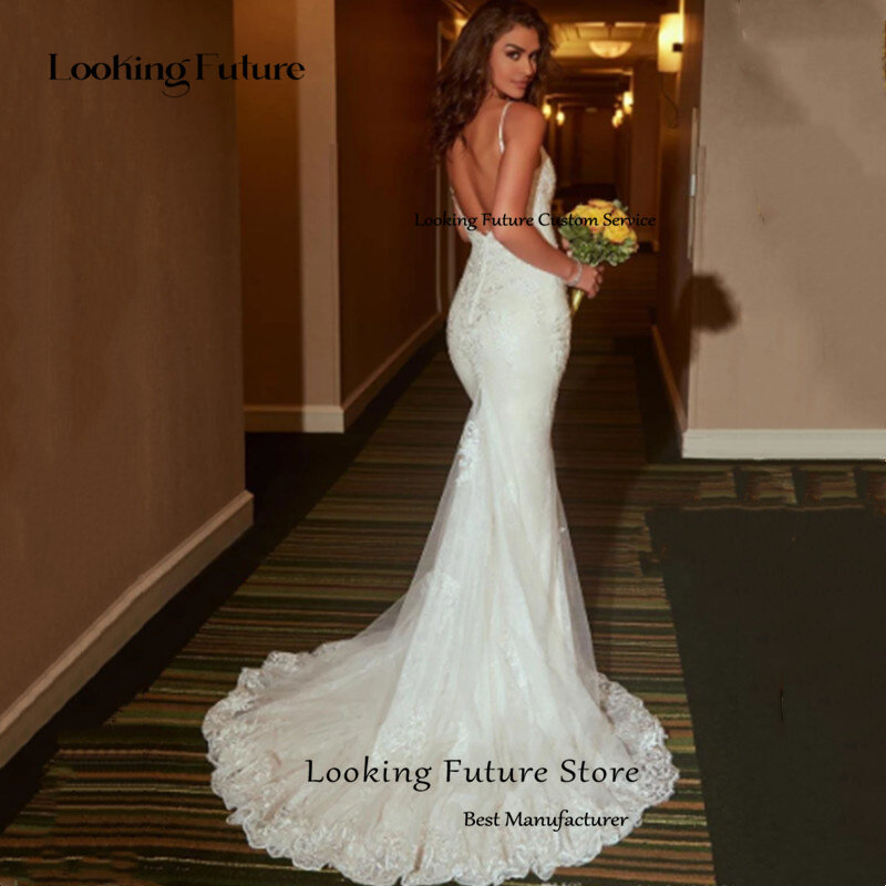 Sexy Mermaid Long Open-Back Wedding Dress Formal Pleat Spaghetti Strap Vintage Lace Plunging Neckline Backless Bridal Growns