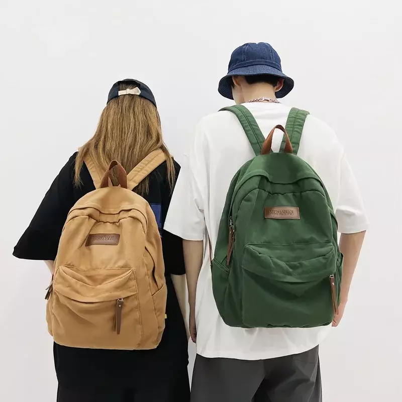 Vintage Solid Color Backpack Double Root Canvas Large Capacity Computer Backpack Men Female Schoolbag Wholesale