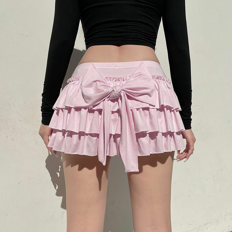 Rok Mini wanita Y2K, rok A-Line kasual pinggang rendah, rok pita merah muda modis musim panas untuk wanita